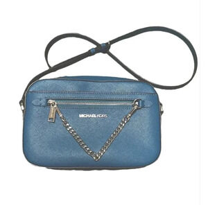 MICHAEL KORS womens JET SET Blue Pebbled LEATHER Crossbody w CHAIN handbag
